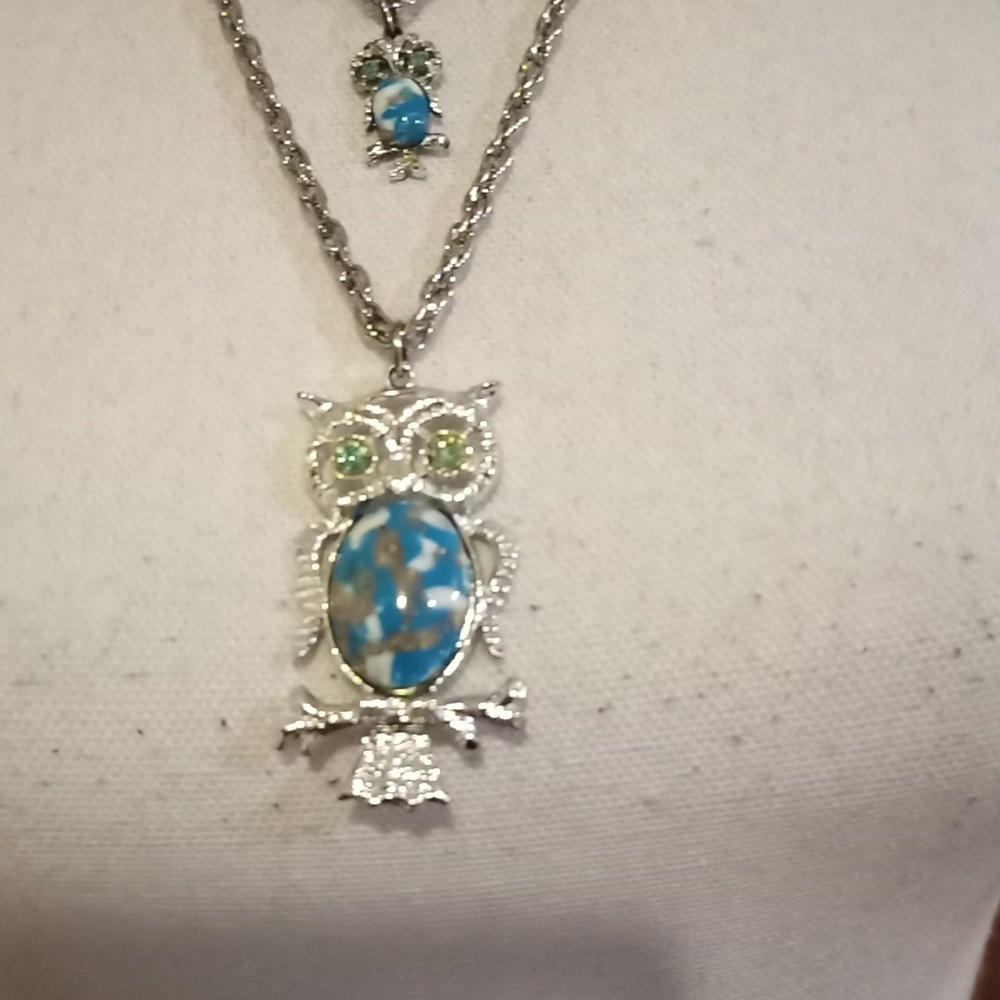 Elegant Blue Owl Pendant Necklace Double Strand Silver Mid Century Modern Vibe - Picture 2 of 6